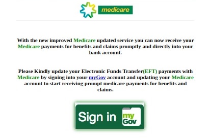 A phishing email pretending to come from Medicare