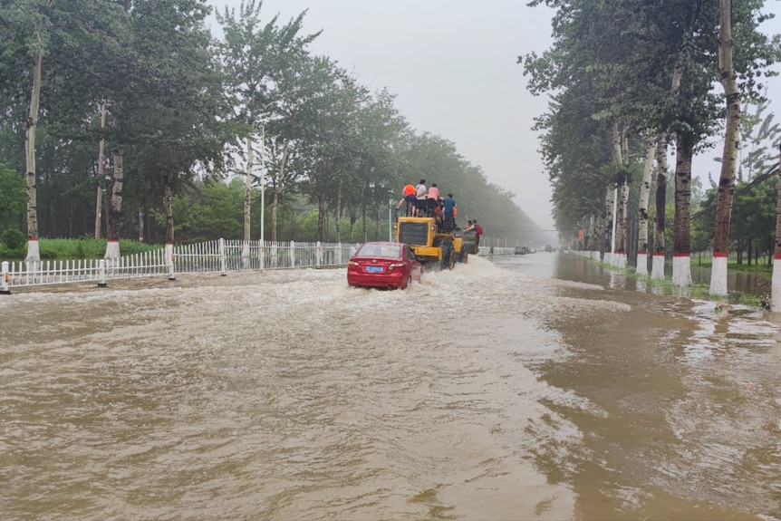 Flooded roads in the city of Zhuozhou, Hebei Province.