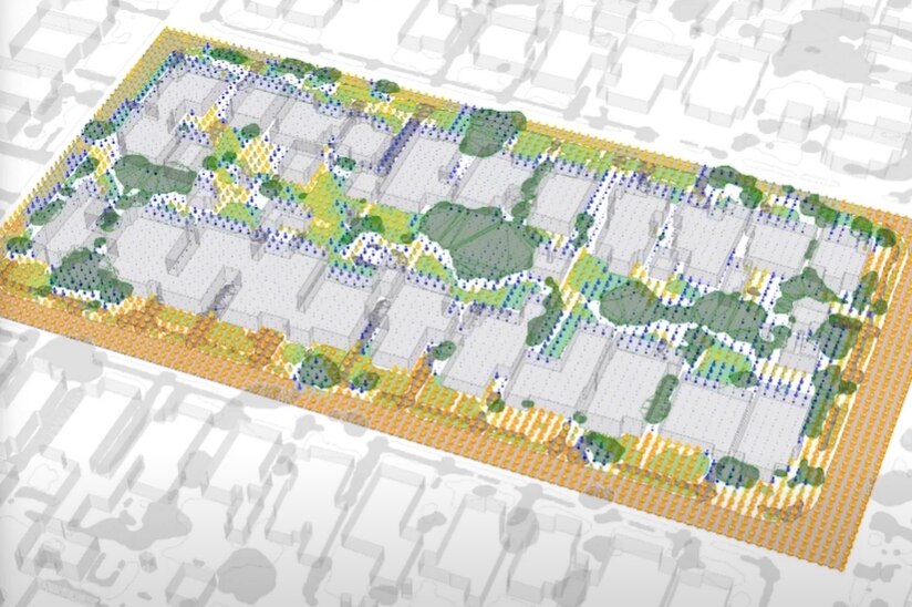 A map showing colour-coded components in an urban environment.