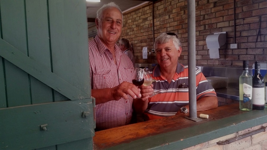 Stanthorpe wine growers Sam Costanzo and Angelo Puglisi clink wine glasses.