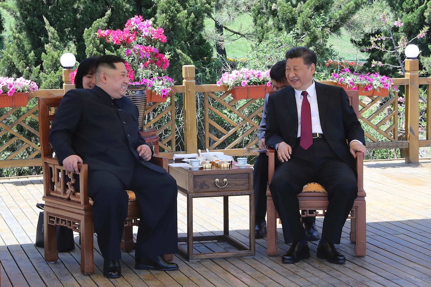Kim Jong-un and Xi Jinping sit on chairs smiling and drinking tea, with a garden in the background.