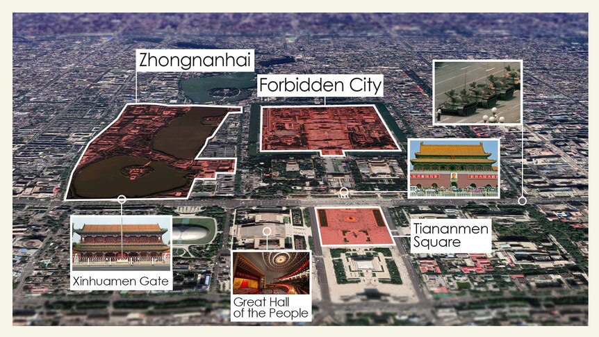 A graphic showing where Zhongnanhai is located in relation to the Forbidden City and Tiananmen.