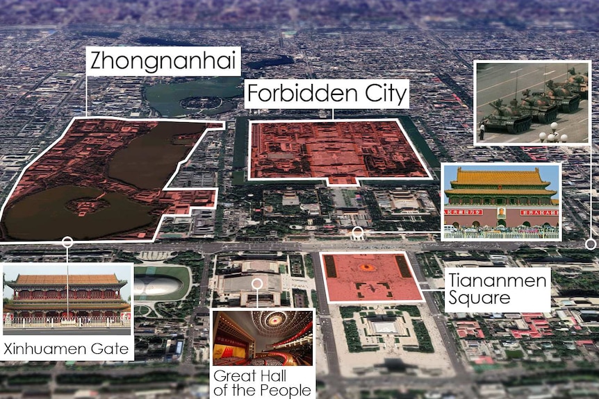 A graphic showing where Zhongnanhai is located in relation to the Forbidden City and Tiananmen.