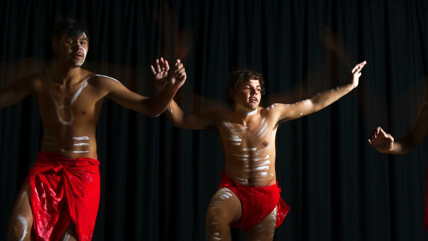 Indigenous students during a performance at Bremer State High School in Ipswich.