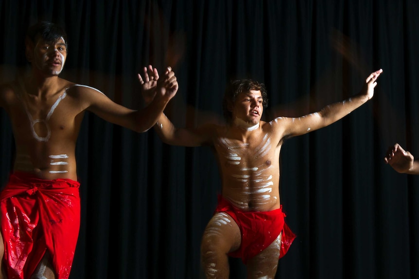 Indigenous students during a performance at Bremer State High School in Ipswich.