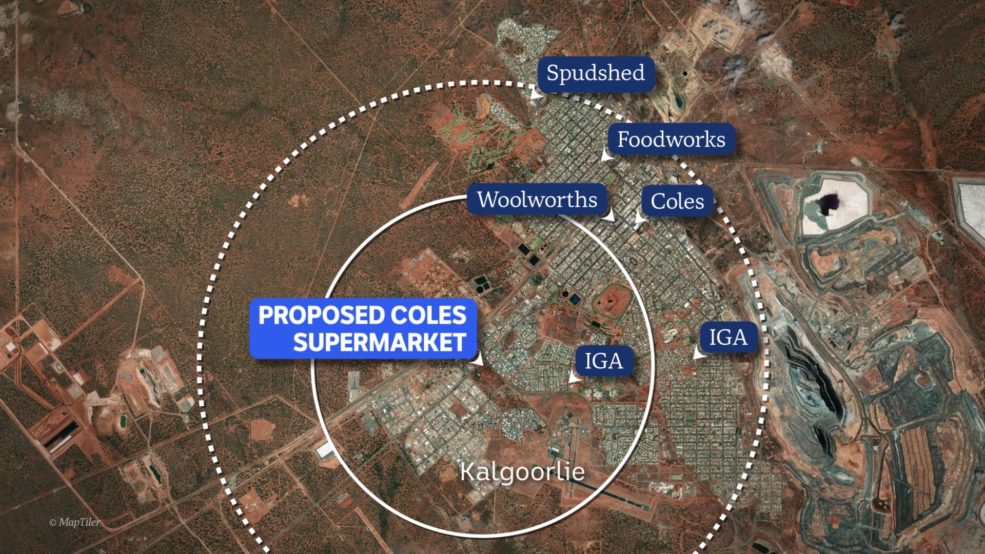 Map of Kalgoorlie showing locations of other supermarkets