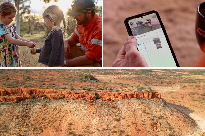 composite of pictures showing a ridge in the outback, a young family and close up of a phone. 