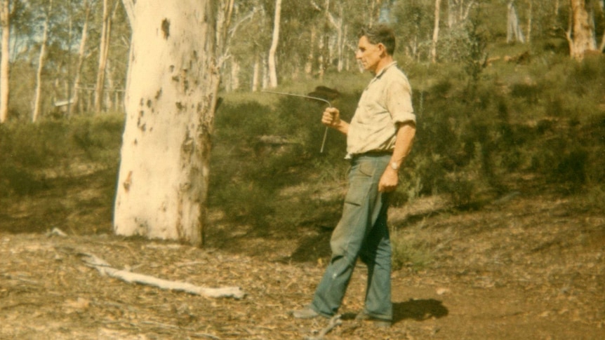 An older man walks through bushy landscape holding a bent metal rod in his hand.
