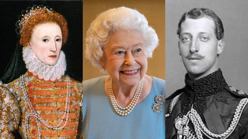 A composite image of Queen Elizabeth I, Queen Elizabeth II, and Prince Albert Victor 