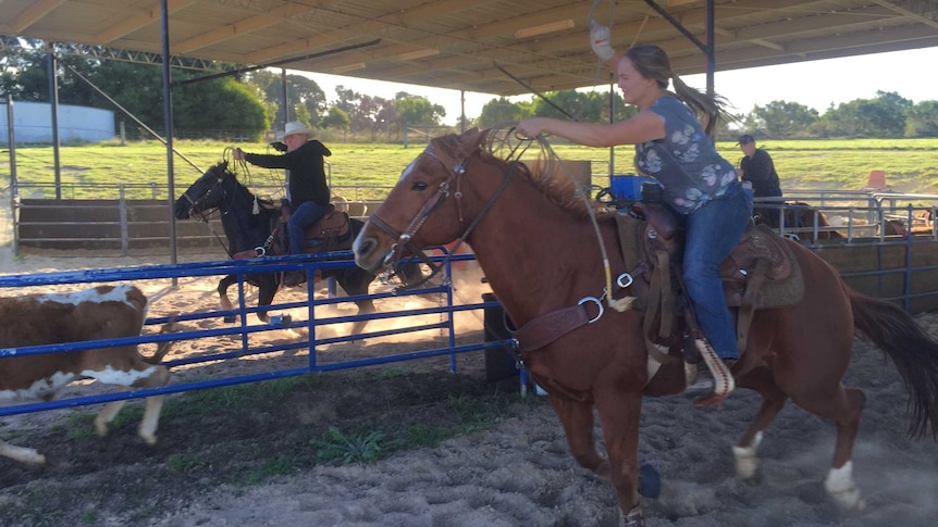Esperance rodeo champ Ella Mitchell gallop after a steer practicing for an upcoming international competition.