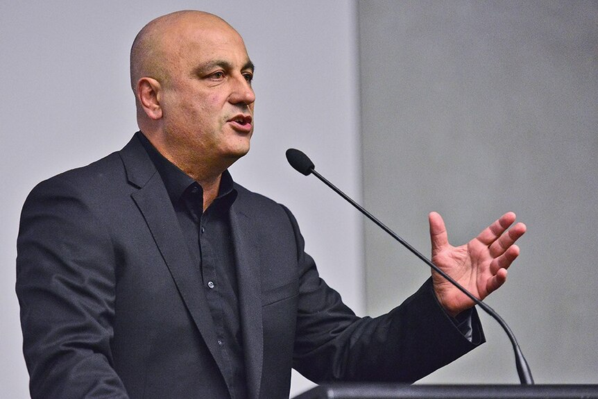 Suicide-prevention researcher Gerry Georgatos speaking at a conference in Adelaide, 2015.