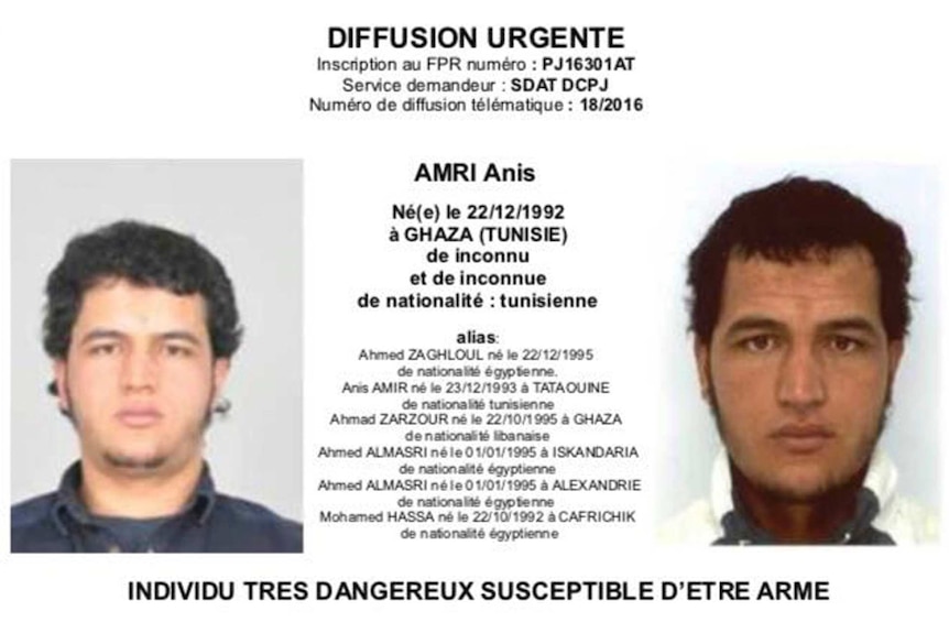 A police distribution photo of Tunisian national Anis Amri.