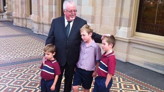 Senator-elect Barry O'Sullivan with his grandsons outside State Parliament in Brisbane. Tues Feb 11, 2014
