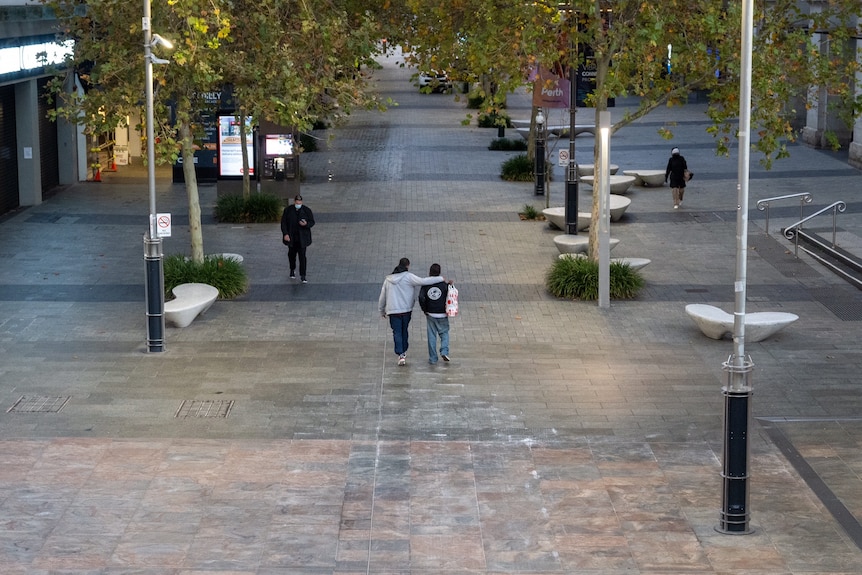 A quiet Murray Street mall in Perth viewed from above, with only a few people walking through it.