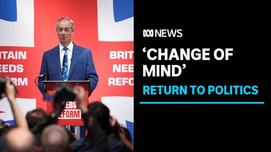 'Change of Mind, Return to Politics: A man with grey hair wearing a blue suit stands at a podium with a crowd in front of him.