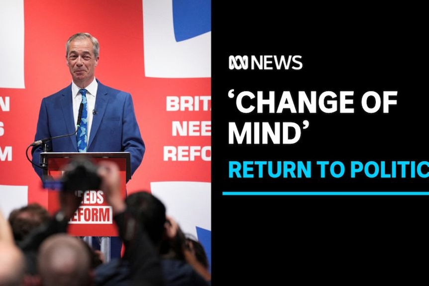 'Change of Mind, Return to Politics: A man with grey hair wearing a blue suit stands at a podium with a crowd in front of him.