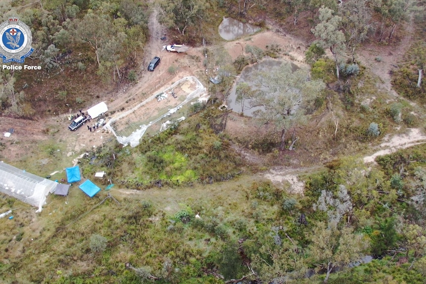 An aerial view of scrubland dotted with police.