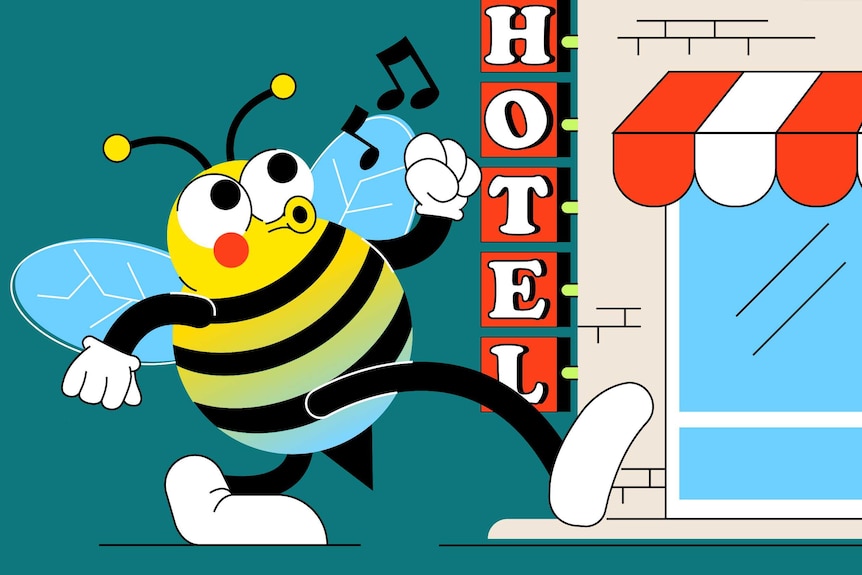 Illustration of a native bee walking into a hotel