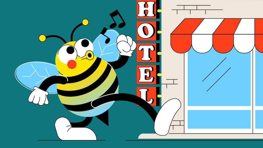 Illustration of a native bee walking into a hotel