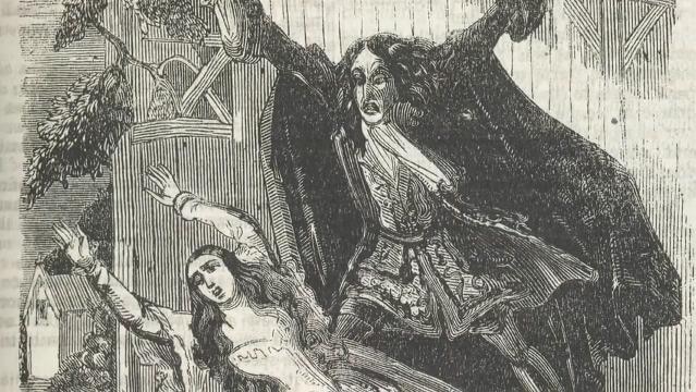 An engraving of a man in a dark cloak with arms up in an aggressive stance towards a lady in distress