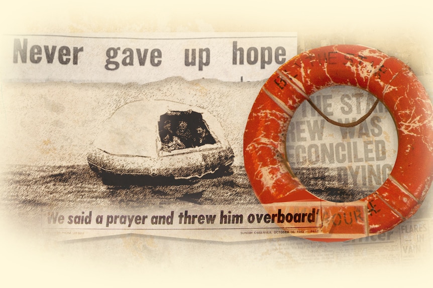 A composite image depicting newspaper headlines, a life raft and life ring.