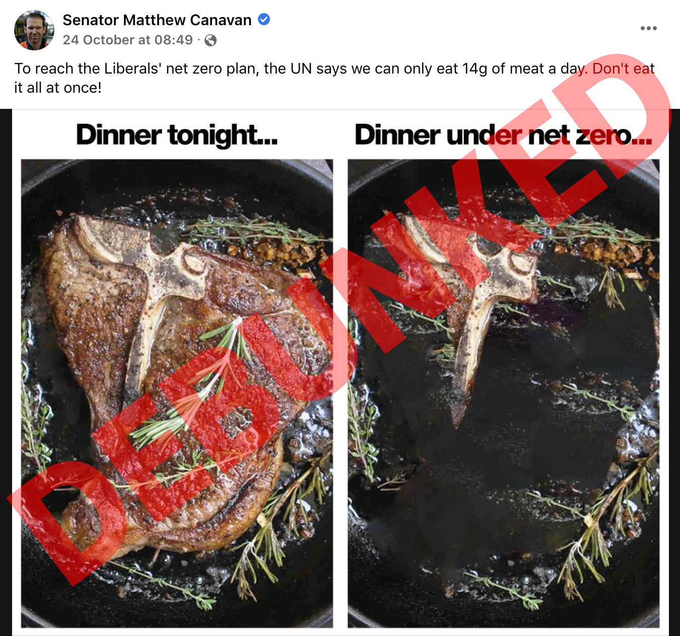 Facebook post from Senator Matthew Canavan with a photo of two steaks, one bigger one smaller. Overlay: "DEBUNKED"