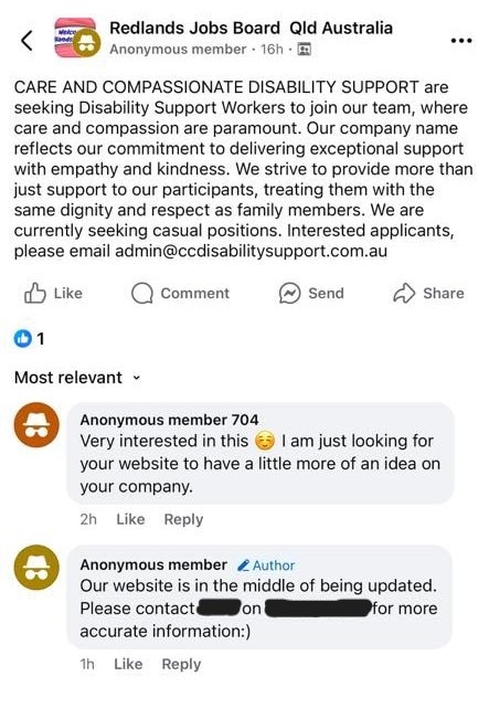 A screenshot of a job callout for Care and Compassionate posted in a Facebook group called Redlands Jobs Board 