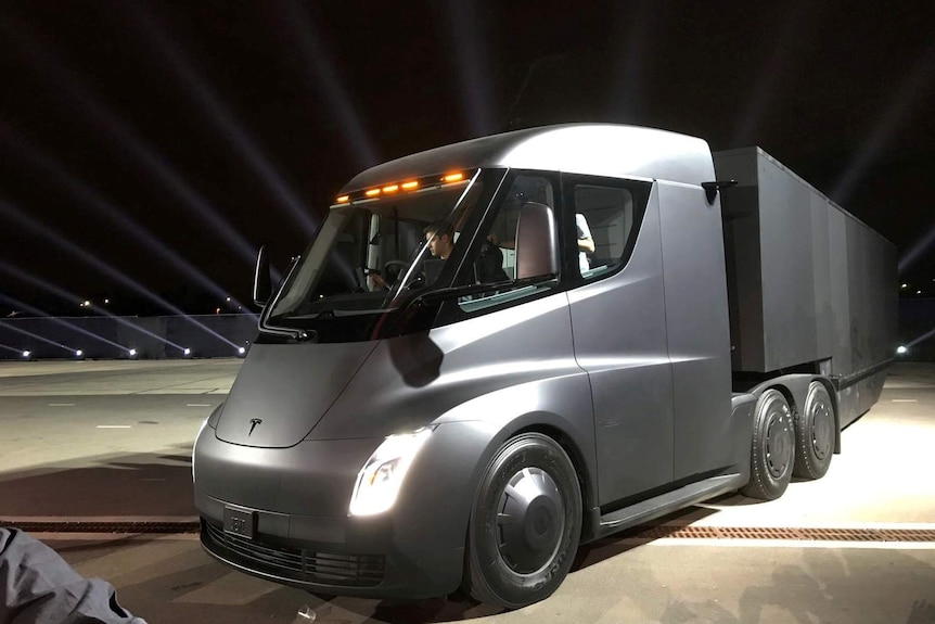 Tesla's new electric semi truck at its unveiling event.