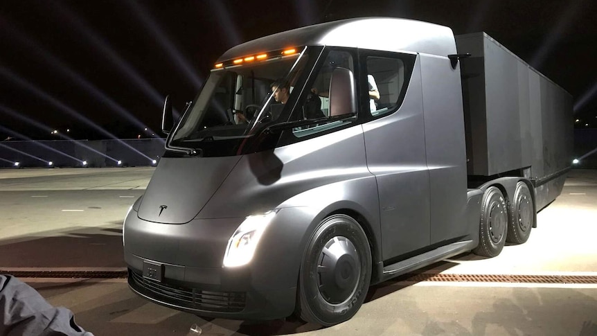 Tesla's new electric semi truck at its unveiling event.