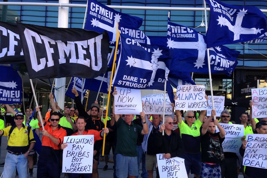 CFMEU protests outside Leighton Holdings' Perth office claiming construction workers at the Perth Airport are being underpaid