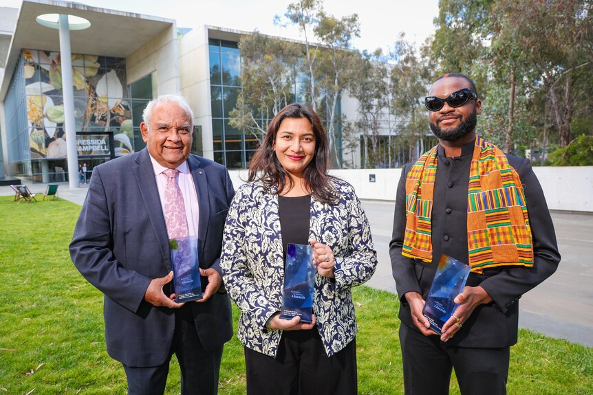 ACT Australian of the Year recipients Prof Tom Calma, Dr Shamaruh Mirza, and Kofi Owusu-Ansah, aka Genesis Owusu