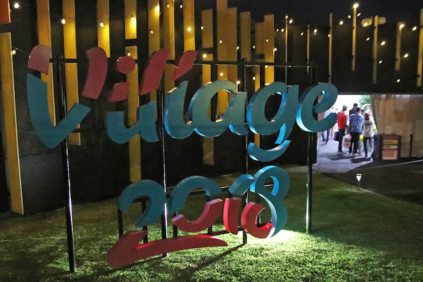 The Athletes Village 2018 sign at the Gold Coast Commonwealth Games