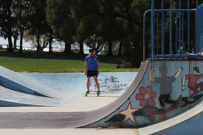 Rachael Delphin on a skateboard in Beaconsfield