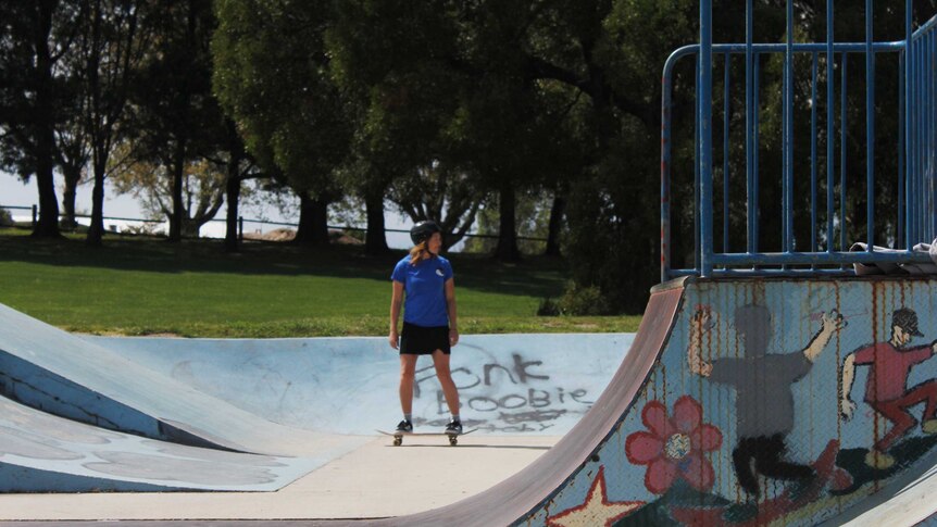 Rachael Delphin on a skateboard in Beaconsfield