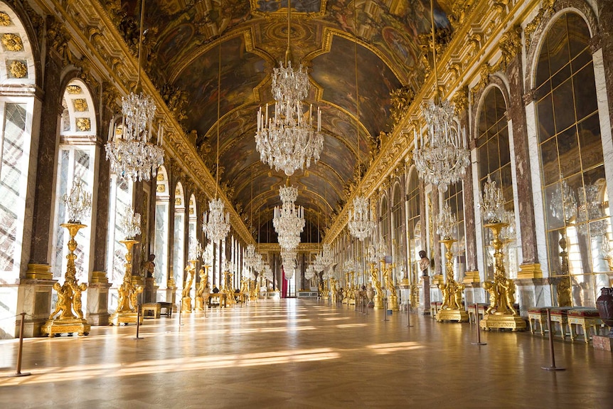 The hall of mirrors at the Palace of Versailles in France.