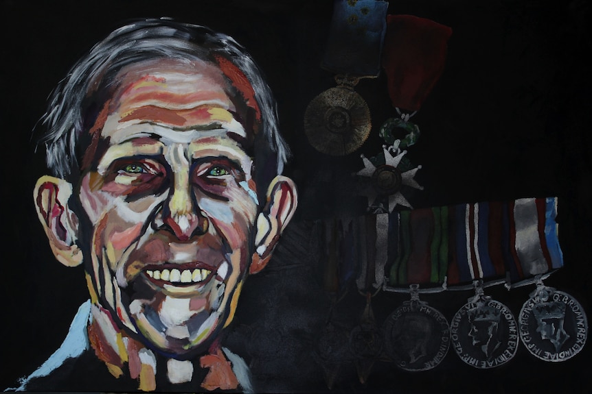 A painting of a man's face with war medals painted in the background.