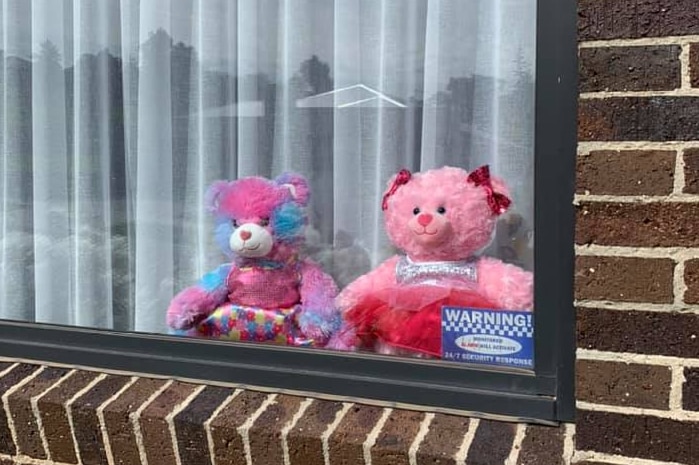 Two pink teddy bears sit in a window of a brick house.