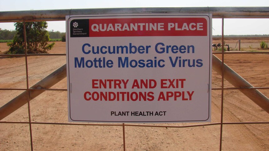 A quarantine sign on a gate on a Katherine melon farm.