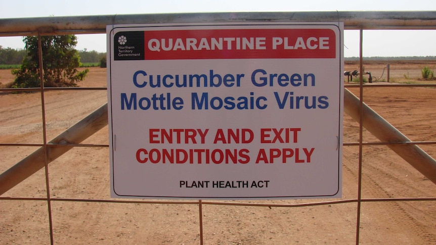 A sign indicating a Cucumber Green Mottle Mosaic Virus quarantine zone.