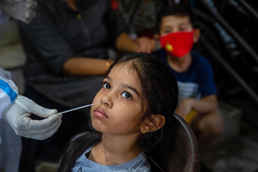 A small Indian girl leans back while a swab is inserted into his nose 