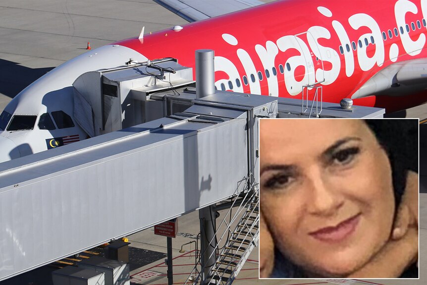 An AirAsia plane on the tarmac and an inset image of a woman.