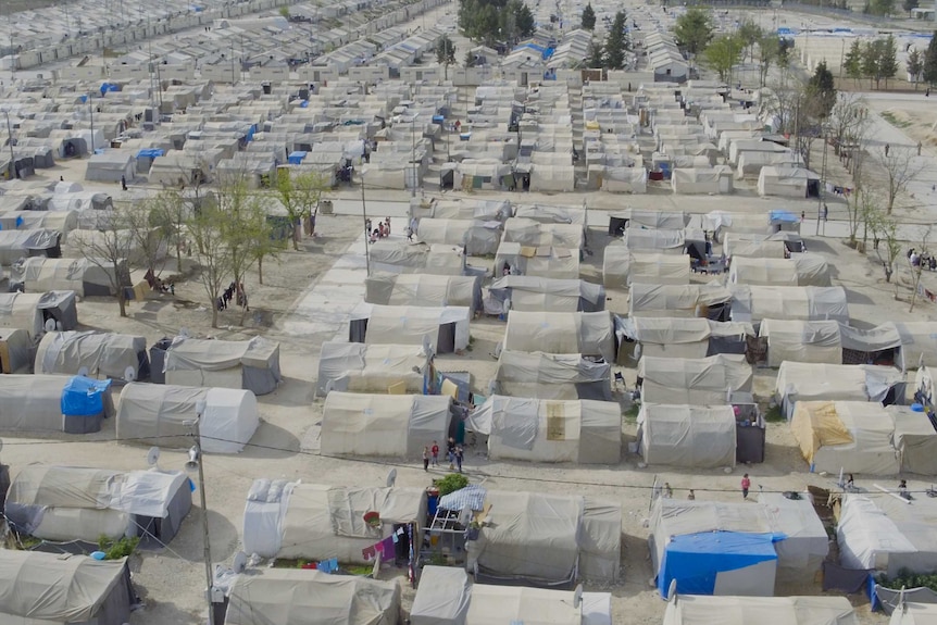 An aerial shot of tents at the Nizip refugee camp in Gaziantep, Turkey.
