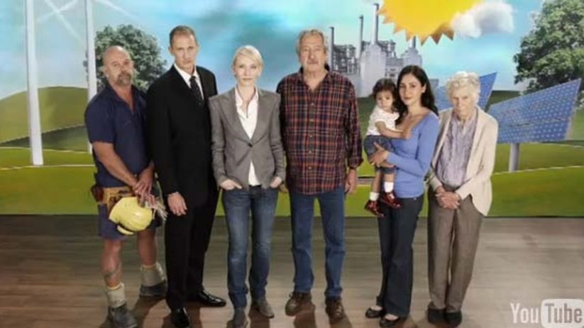 Cate Blanchett and Michael Caton in the ad promoting the carbon tax.