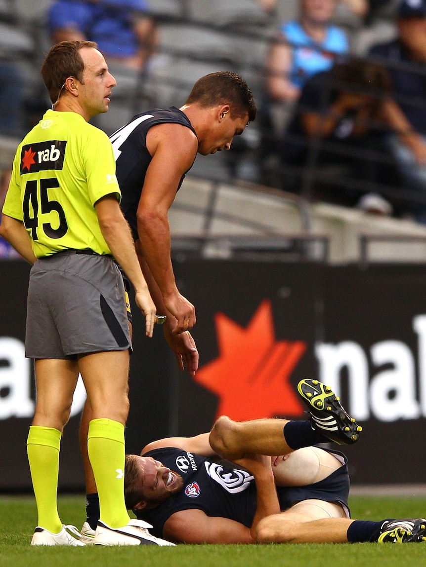 Gruesome injury ... the dislocated kneecap will sideline Jeremy Laidler for six weeks.