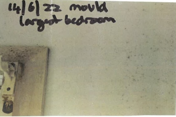 A photo showing mould on wall and mirror  with a note in black noting date and saying 'mould largest bedroom'.