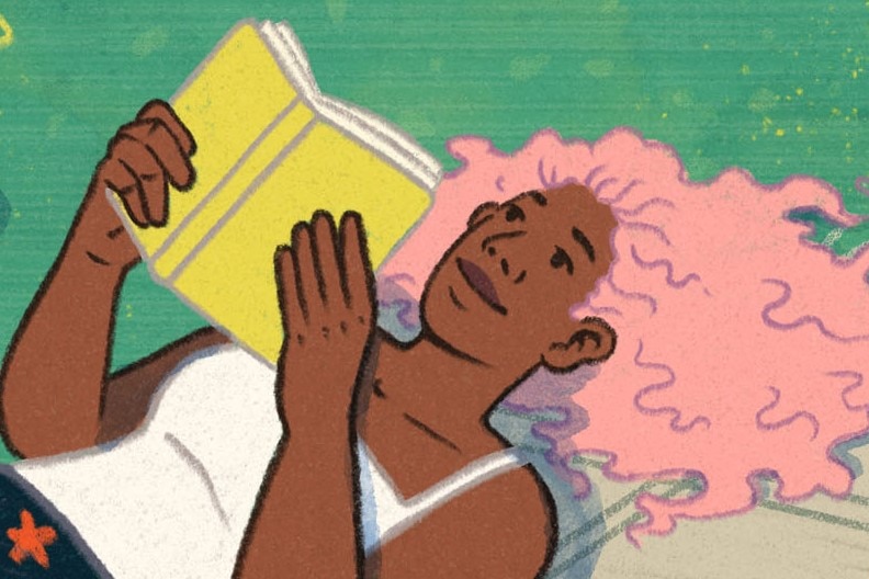 An illustration of two people lying on a picnic blanket reading books and surrounded by piles of books