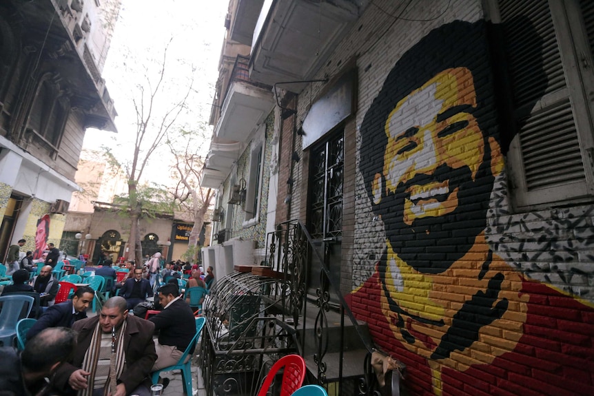 A mural of Egypt and Liverpool soccer star Mohamed Salah at a coffee shop in Cairo.