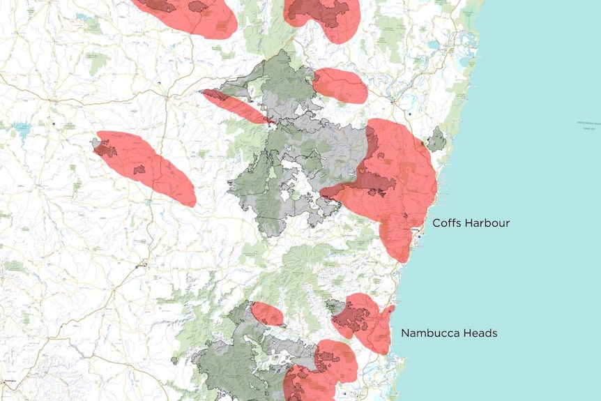 a map with large red blobs indicating fire zones