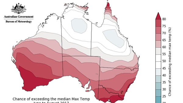 Chance of exceeding the median max temp June to August 2017