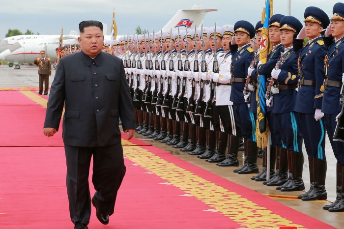 North Korea's leader Kim Jong Un inspects an honour guard ahead of his departure to Singapore in Pyongyang June 10, 2018.